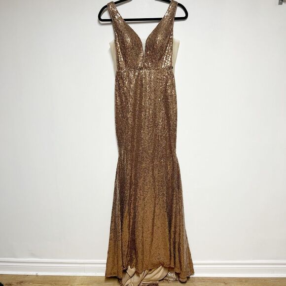 Abby Paris by Lucci Lu Long Sexy Bronze Sequin/rhinestone Deep V Gown Dress Sz 4 - Picture 8 of 14